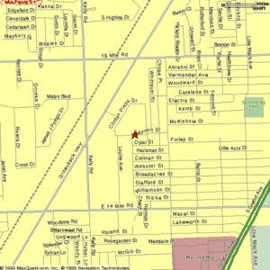 A map of the city of detroit with the location marked in red.